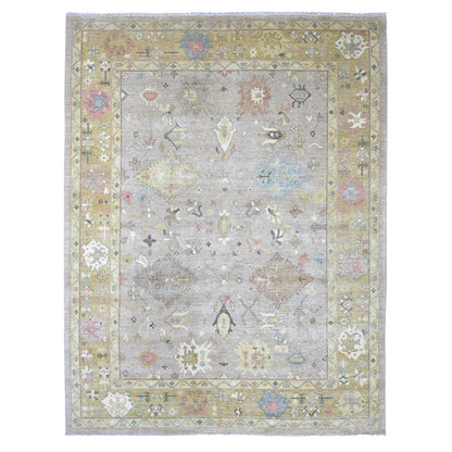 9'3"x12'2" Gray Peshawar with Serrated Gul Motif Hand Knotted Wool Rug