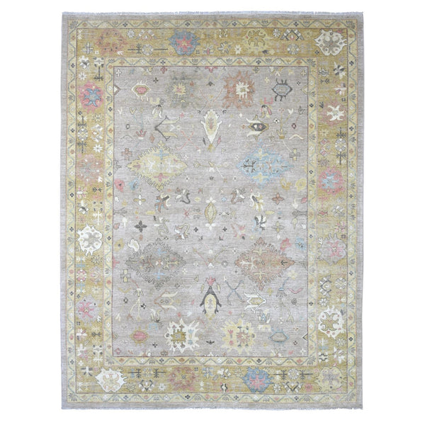 9'3"x12'2" Gray Peshawar with Serrated Gul Motif Hand Knotted Wool Rug