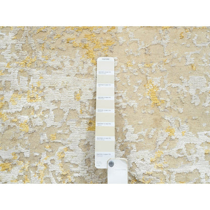 2'X2'9" Gold-Cream Hand Knotted Abstract Design Wool And Silk Mat Rug