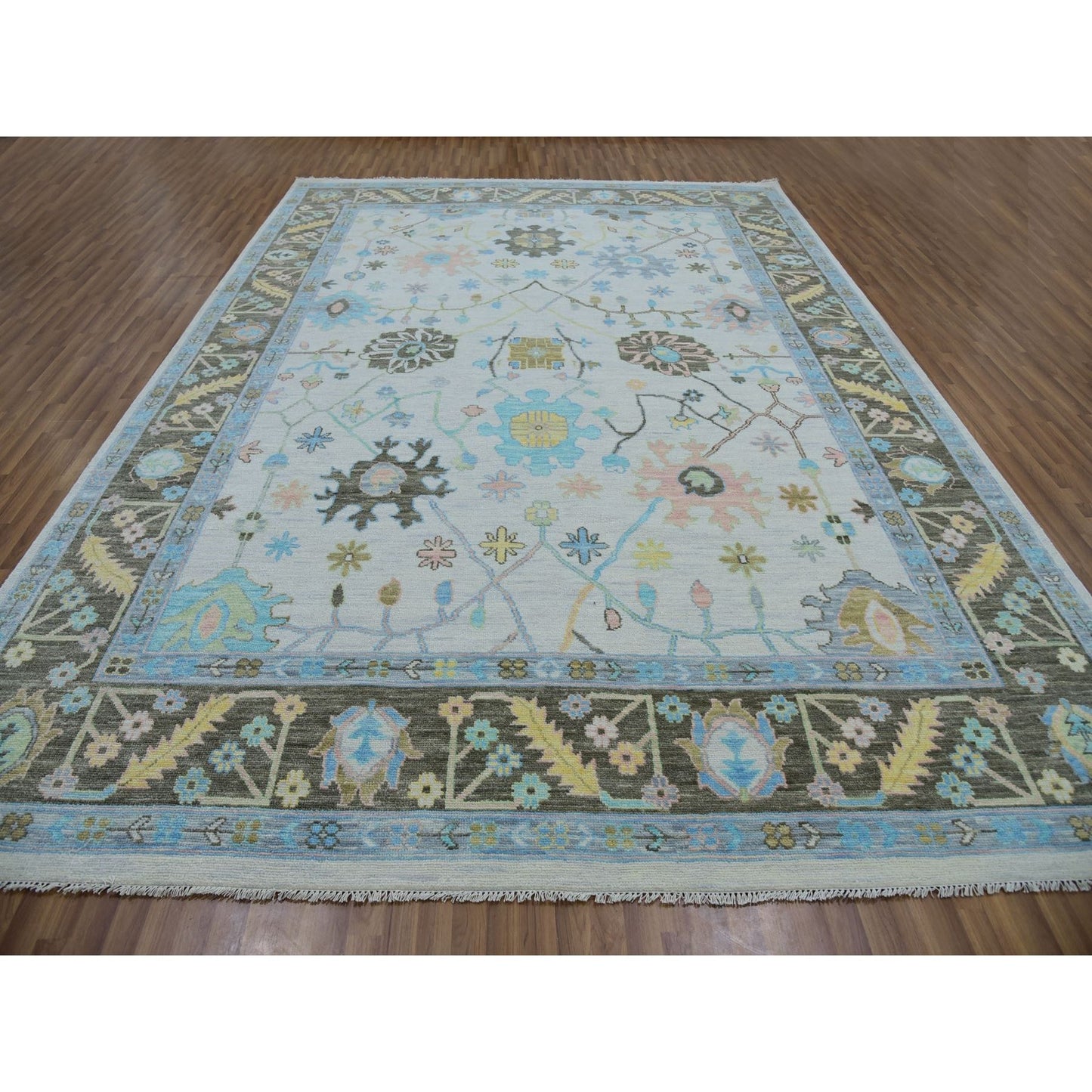 10'2"X14'1" Lace Ivory Oushak Weave And Design Pure Wool Hand Knotted Rug