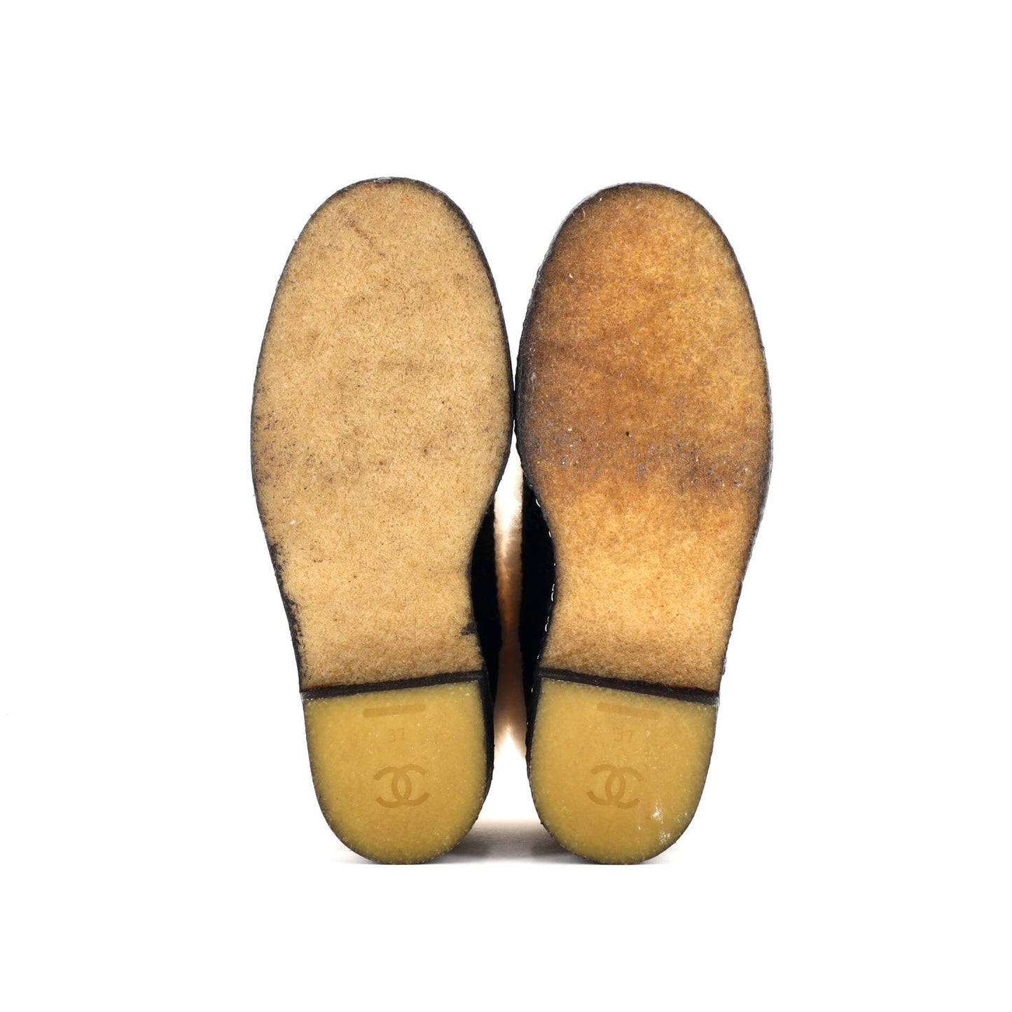 Chanel Women'S Chain Sole Cap Toe Lace Up Ankle Boots Tweed And Fur With Leather