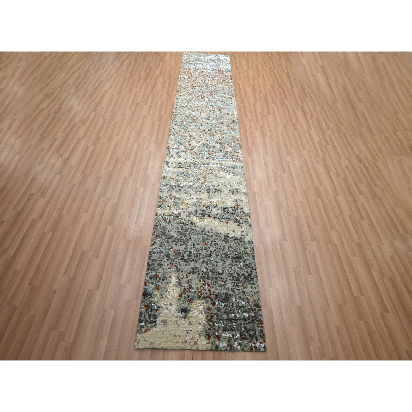 2'7"X12'1" Gray With Rust Abstract Design Wool Hand Knotted Runner Rug