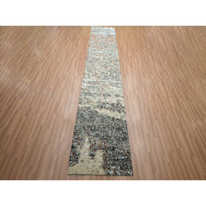 2'7"X12'1" Gray With Rust Abstract Design Wool Hand Knotted Runner Rug