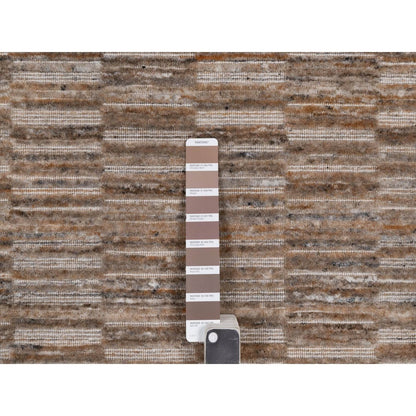 6'x6' Brown Hand Loomed Modern Grid Pattern Pure Wool Round Oriental Rug