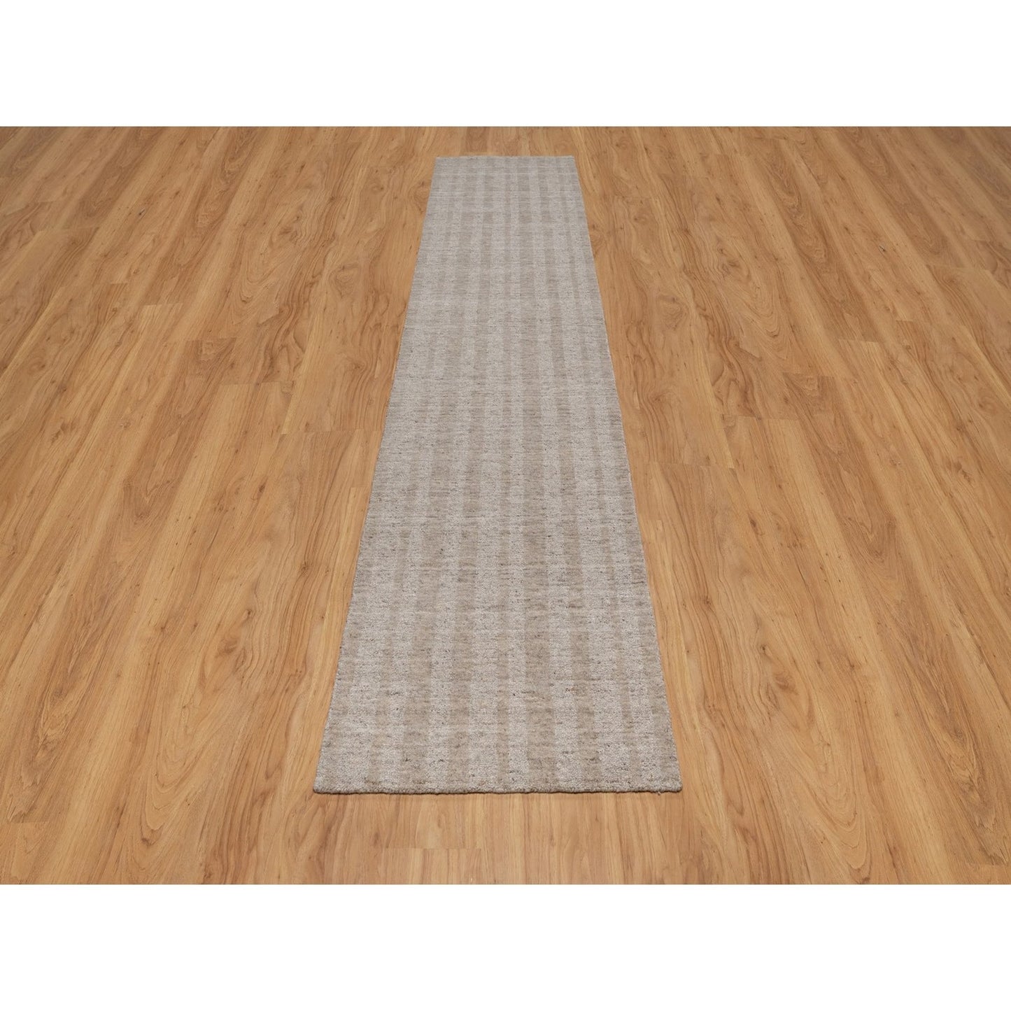 2'7"X12' Brown Pure Wool Vertical Stripes Design Hand Loomed Runner Rug