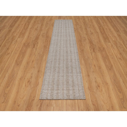 2'7"X12' Brown Pure Wool Vertical Stripes Design Hand Loomed Runner Rug
