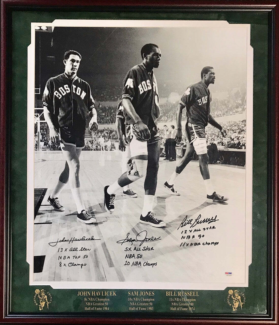 Bill Russell, John Havlicek And Sam Jones Autographed Framed 20X24 Photo (Psa)