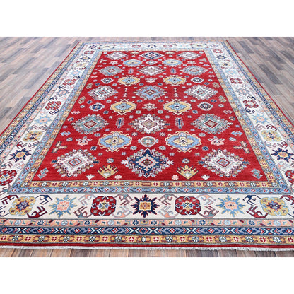 8'X11'3" Chili Red Kazak With Geometric Pattern Hand Knotted Soft Wool Rug