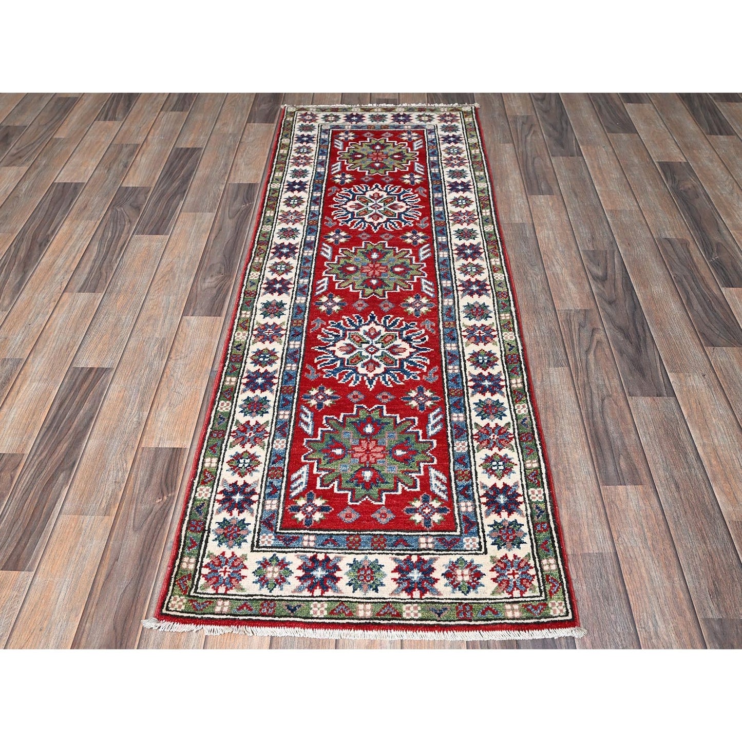2'1"X6' Red Kazak With Tribal Design Hand Knotted Soft Wool Runner Rug