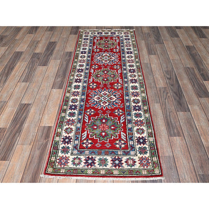 2'1"X6' Red Kazak With Tribal Design Hand Knotted Soft Wool Runner Rug