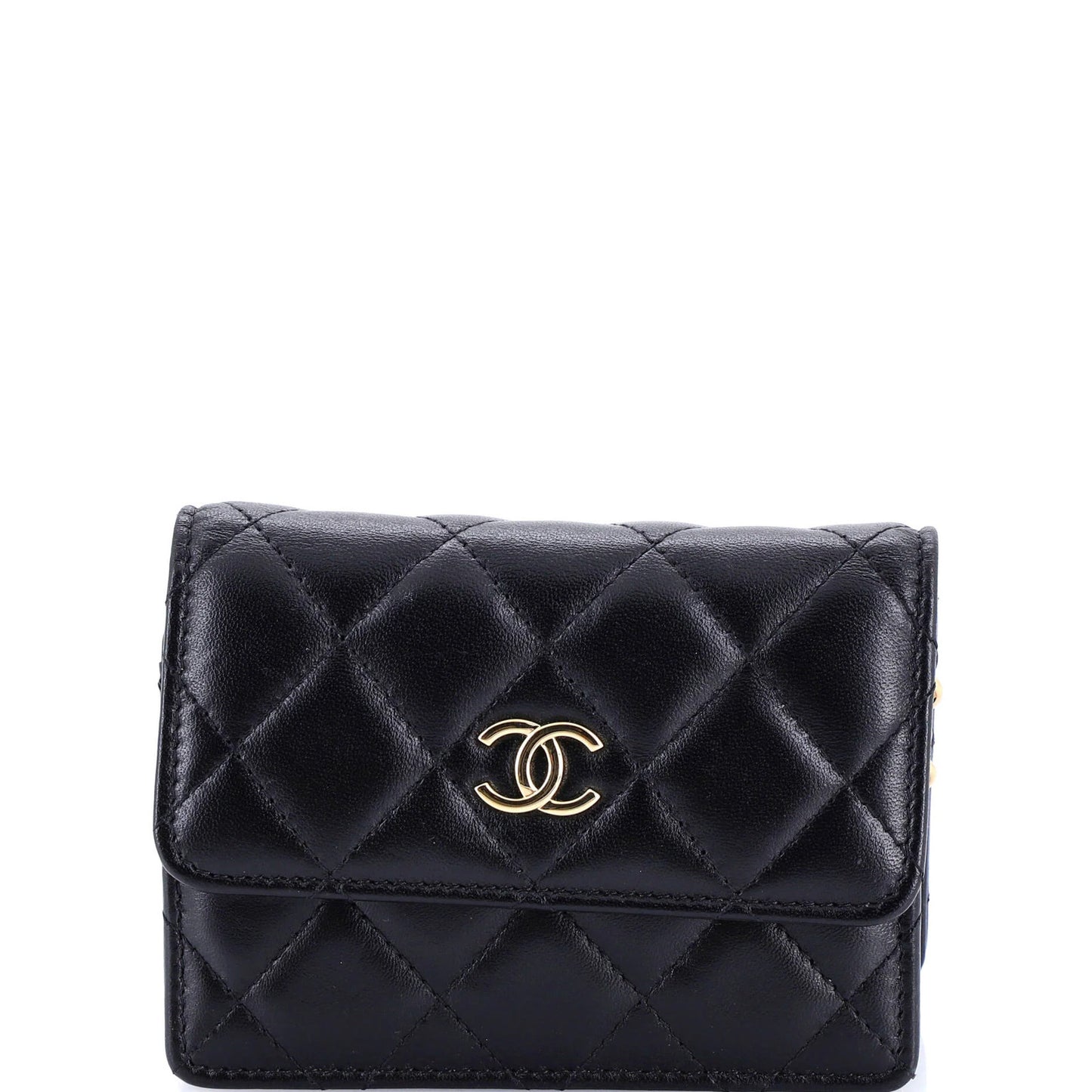 Chanel Camellia Bow Flap Card Holder With Chain Quilted Lambskin