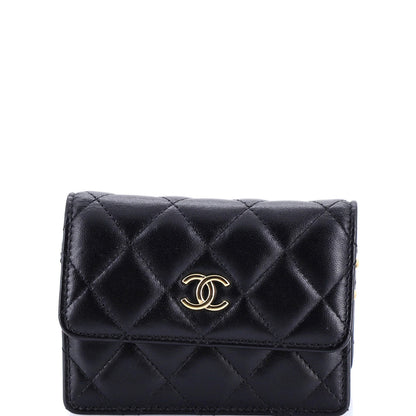 Chanel Camellia Bow Flap Card Holder With Chain Quilted Lambskin