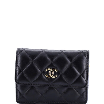 Chanel Camellia Bow Flap Card Holder With Chain Quilted Lambskin