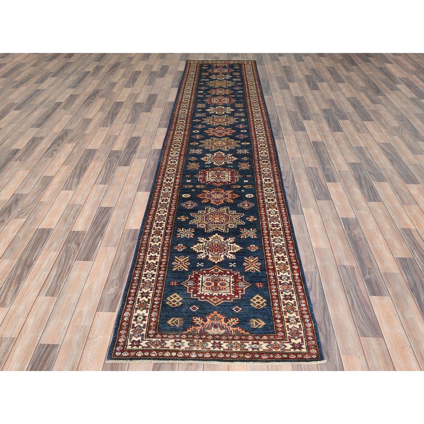 2'10"X13'8" Blue Afghan Super Kazak Wool Hand Knotted Runner Rug