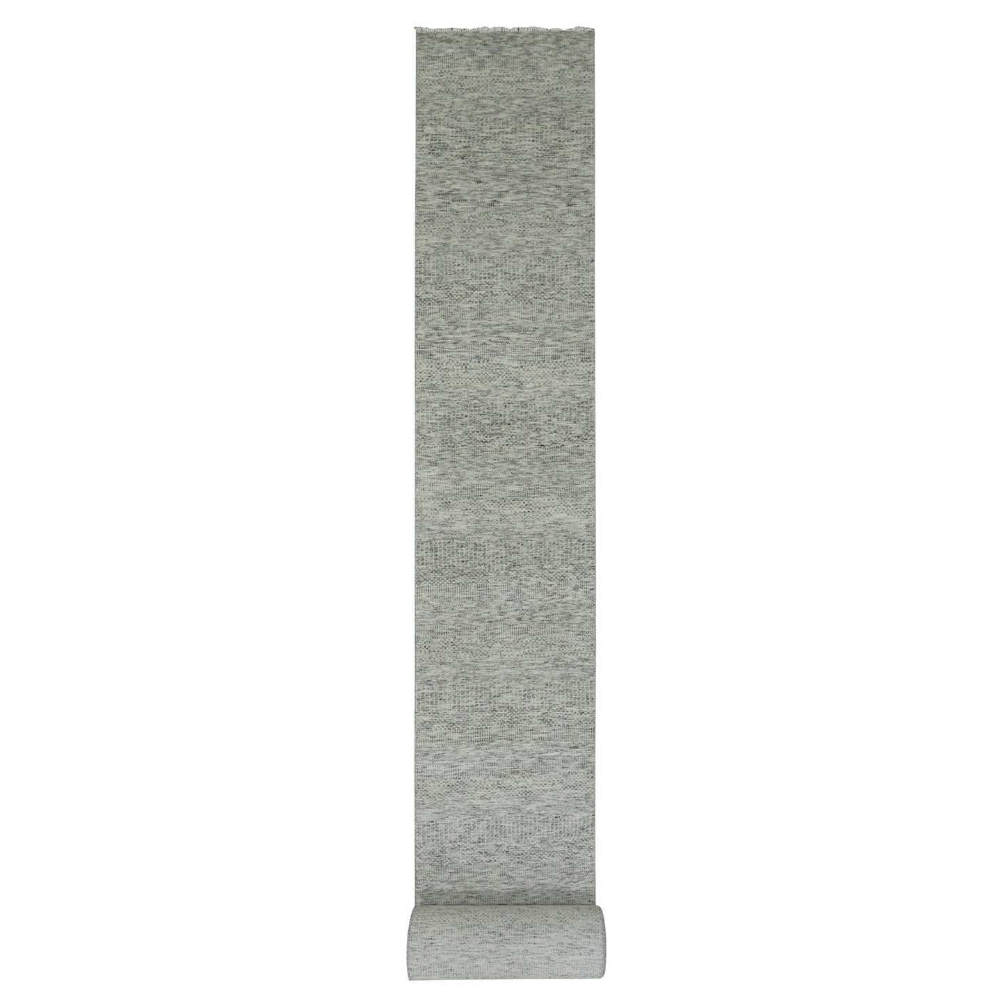 2'5"X29'7" Gray Undyed Wool Grass Design Hand Knotted Xl Runner Rug