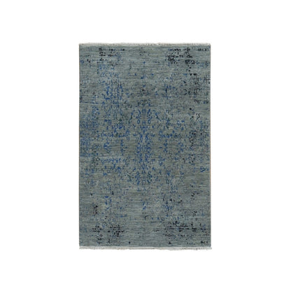 3'1"X5' Gray Wool And Silk Broken Design Tone On Tone Hand Knotted Rug
