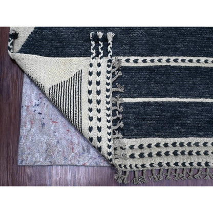 10'4"X14'2" Black Moroccan Weave Line Design Soft Wool Hand Knotted Rug