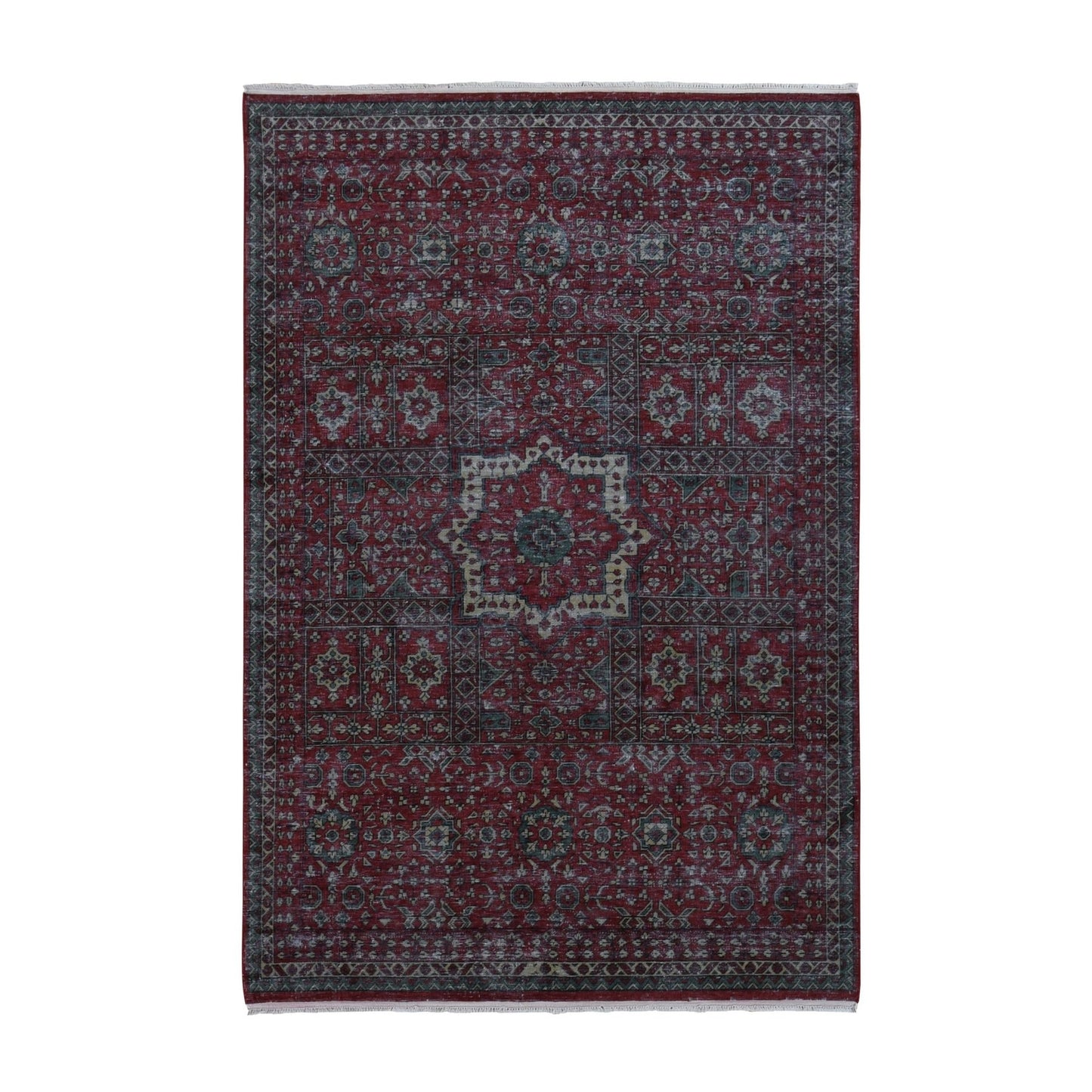6'1"X9' Vermilion Red, Vintage Look Mamluk, Worn Wool Hand Knotted Rug