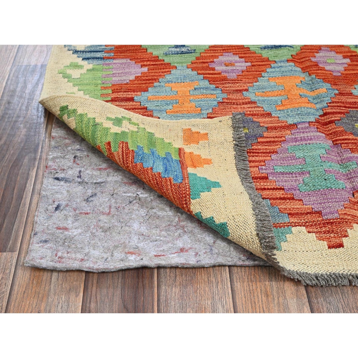 3'4"X4'9" Flame Orange Afghan Kilim Pure Wool Hand Woven Flat Weave Rug