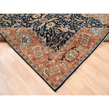 8'1"X10'1" Blue Antiqued Heris Re-Creation Soft Wool Hand Knotted Rug