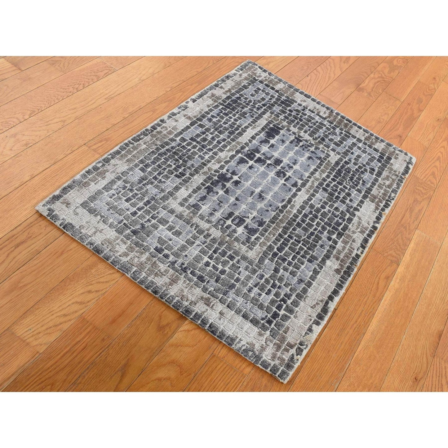 2'3"X3'2" Gray Silken Roman Mosaic Design Hand Knotted Sample Rug