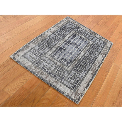 2'3"X3'2" Gray Silken Roman Mosaic Design Hand Knotted Sample Rug