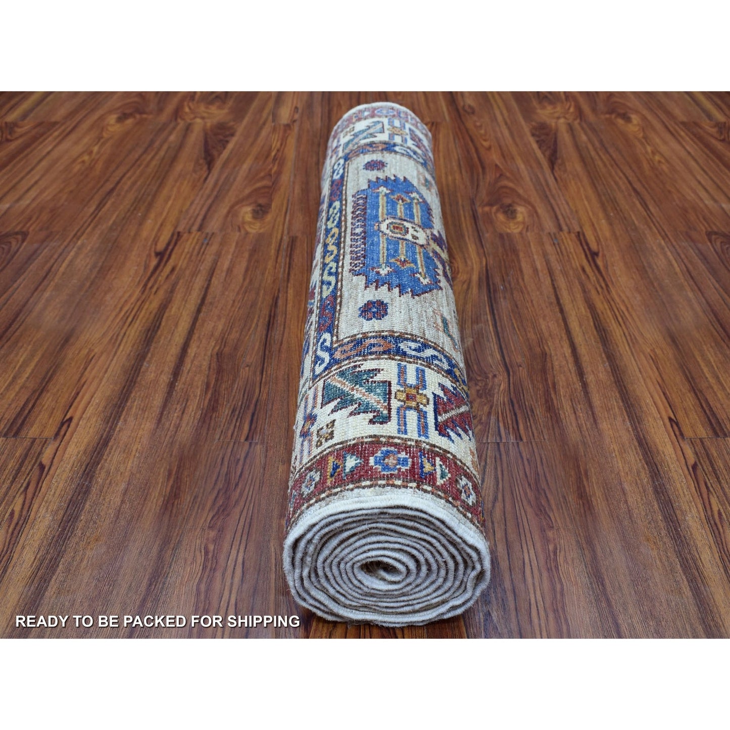 2'8"X10' Beige Geometric Design Natural Wool Super Kazak Hand-Knotted Rug