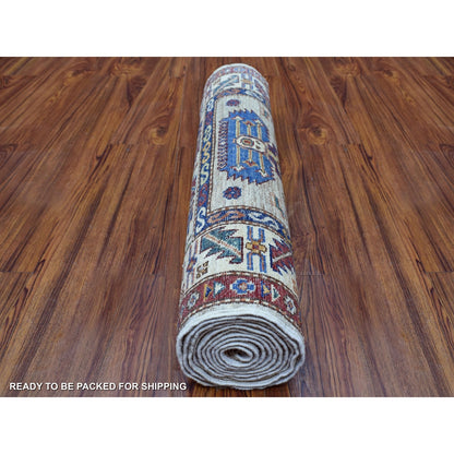 2'8"X10' Beige Geometric Design Natural Wool Super Kazak Hand-Knotted Rug