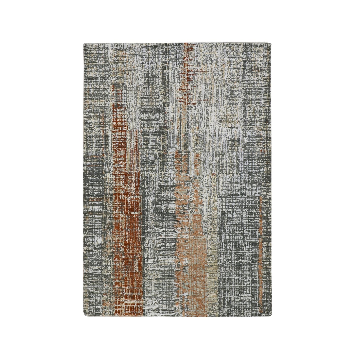 4'1"X6'3" Gray With Rust Hand Knotted Abstract Galaxy Design All Wool Rug