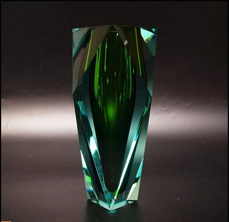 Crystal cut glass vase interior decor art used moser green height 10 inches