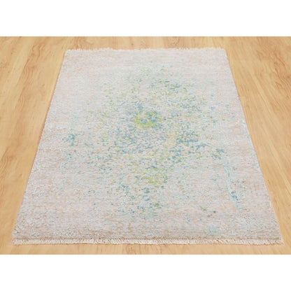 3'X5' Ivory Touch Of Green Pure Silk With Textured Wool Hand Knotted Rug