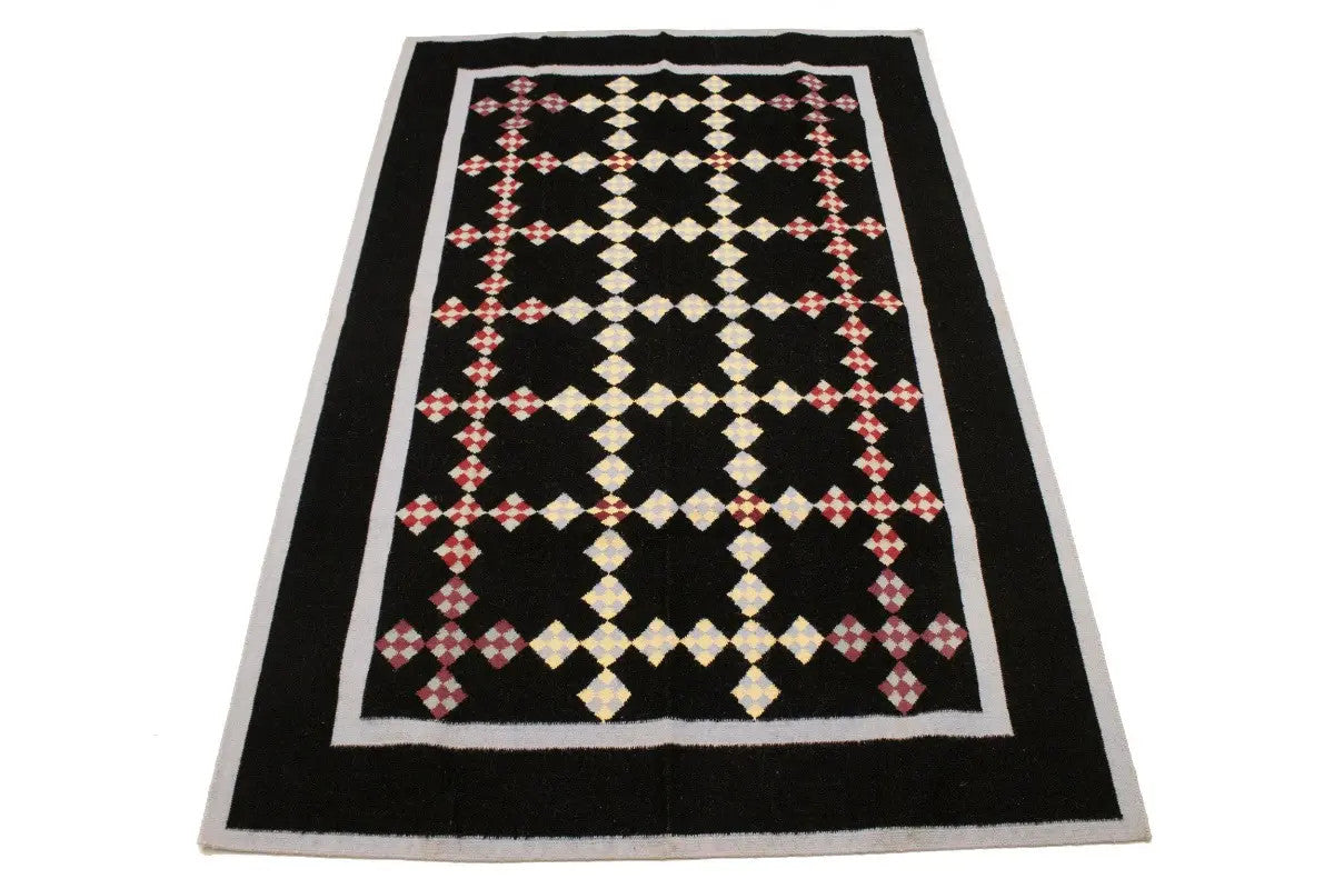 Black floral dhurrie wool rug flat weave reversible oriental carpet