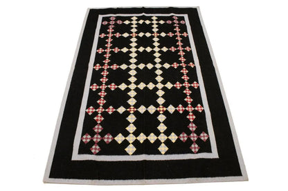 Black floral dhurrie wool rug flat weave reversible oriental carpet