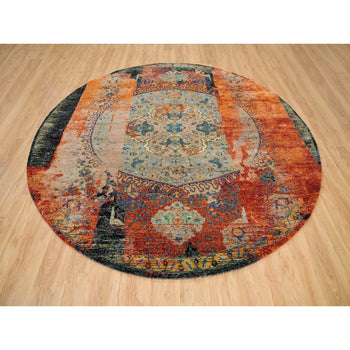10'X10' Orange Ancient Ottoman Erased Design Wool Hand Knotted Round Rug