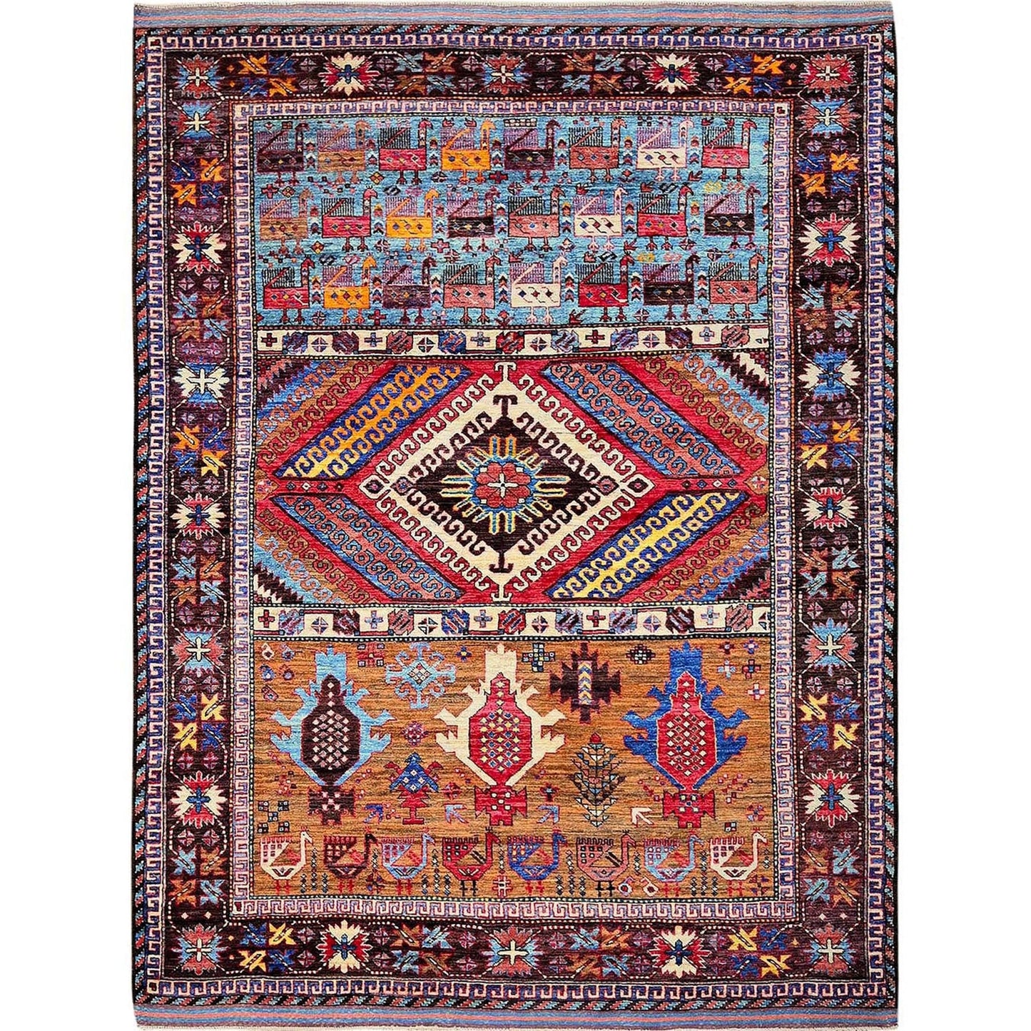 6'2"X7'7" Colorful Afghan Caucasian Design Revival Hand Knotted Wool Rug