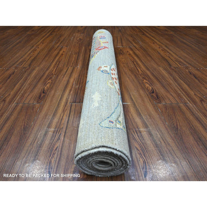 4'1"X12' Rocky Gray Hand Knotted Wool Peshawar Oceanic Fish Oriental Rug