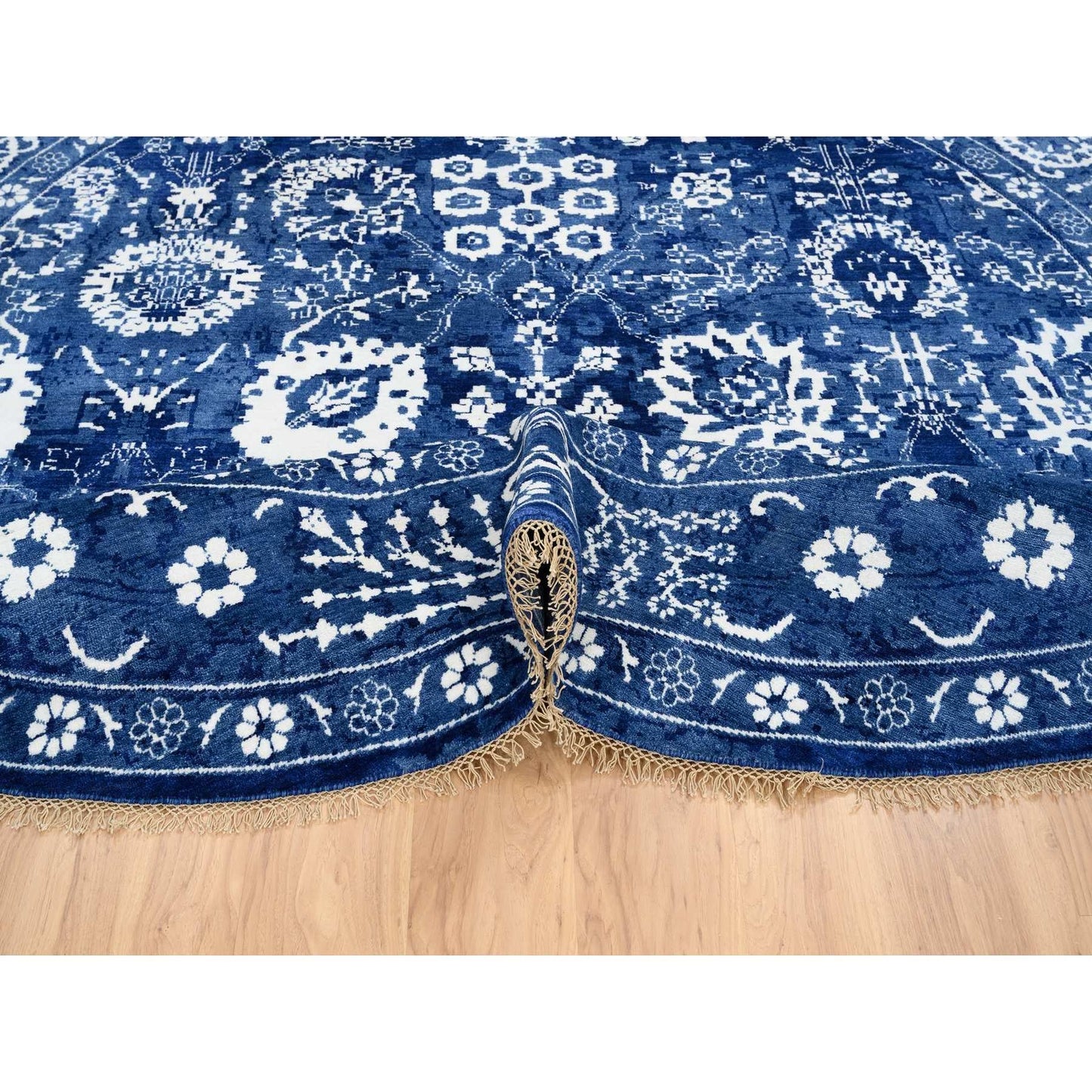 10'2"X10'2" Denim Blue Tebraz Wool And Silk Hand Knotted Round Rug