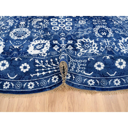 10'2"X10'2" Denim Blue Tebraz Wool And Silk Hand Knotted Round Rug