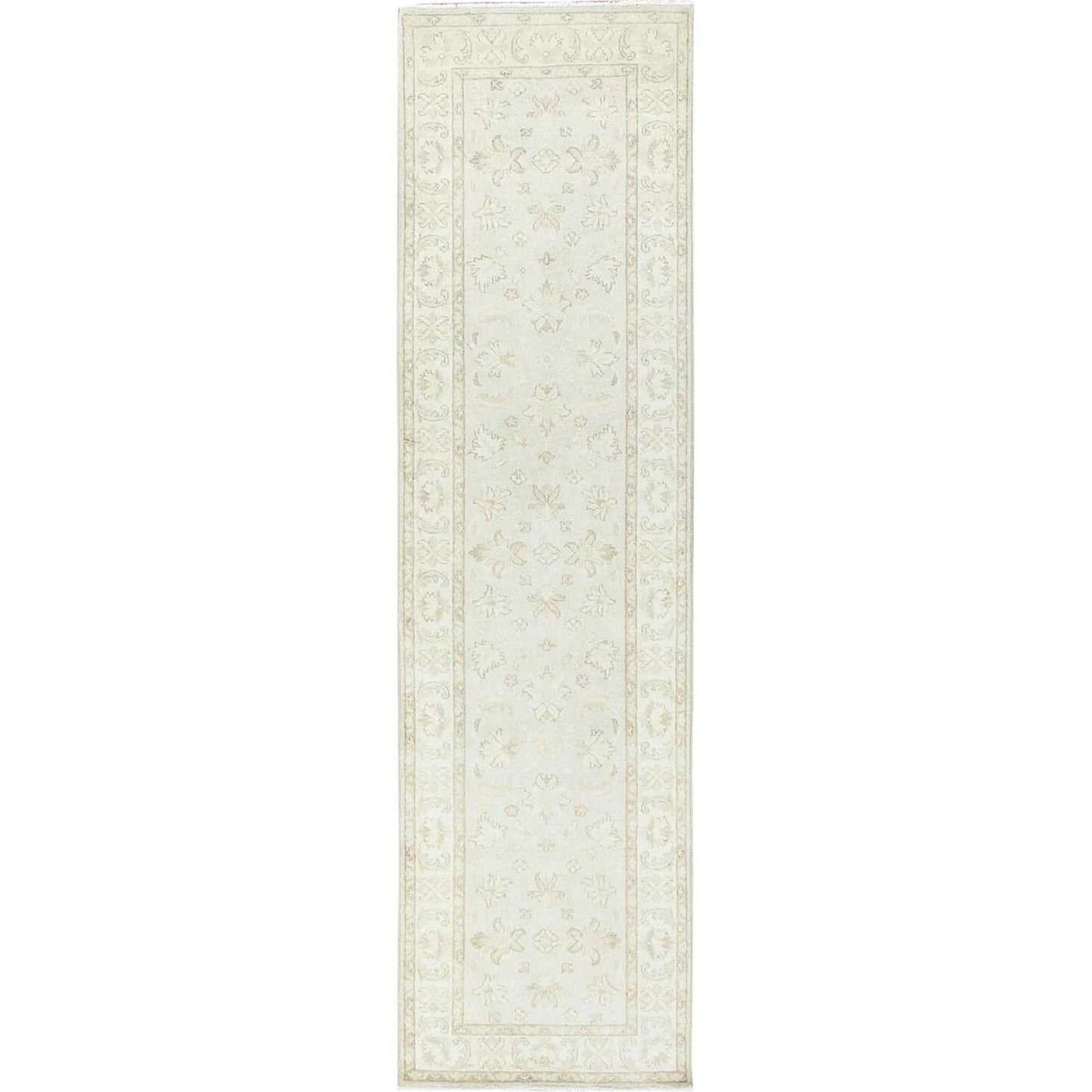 2'8"X9'9" Ivory Afghan Stone Washed Peshawar Wool Hand Knotted Runner Rug