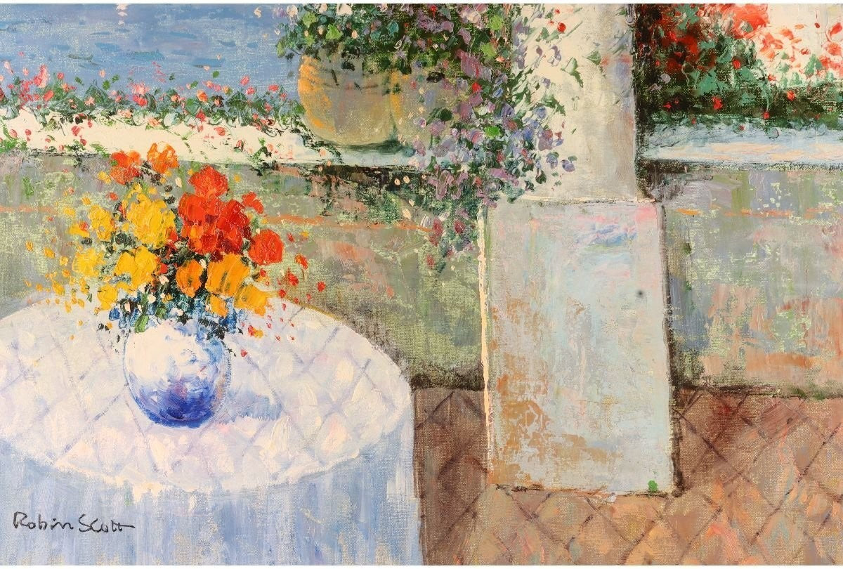 Original Oil Painting Mediterranean View Flowers Signed 20F