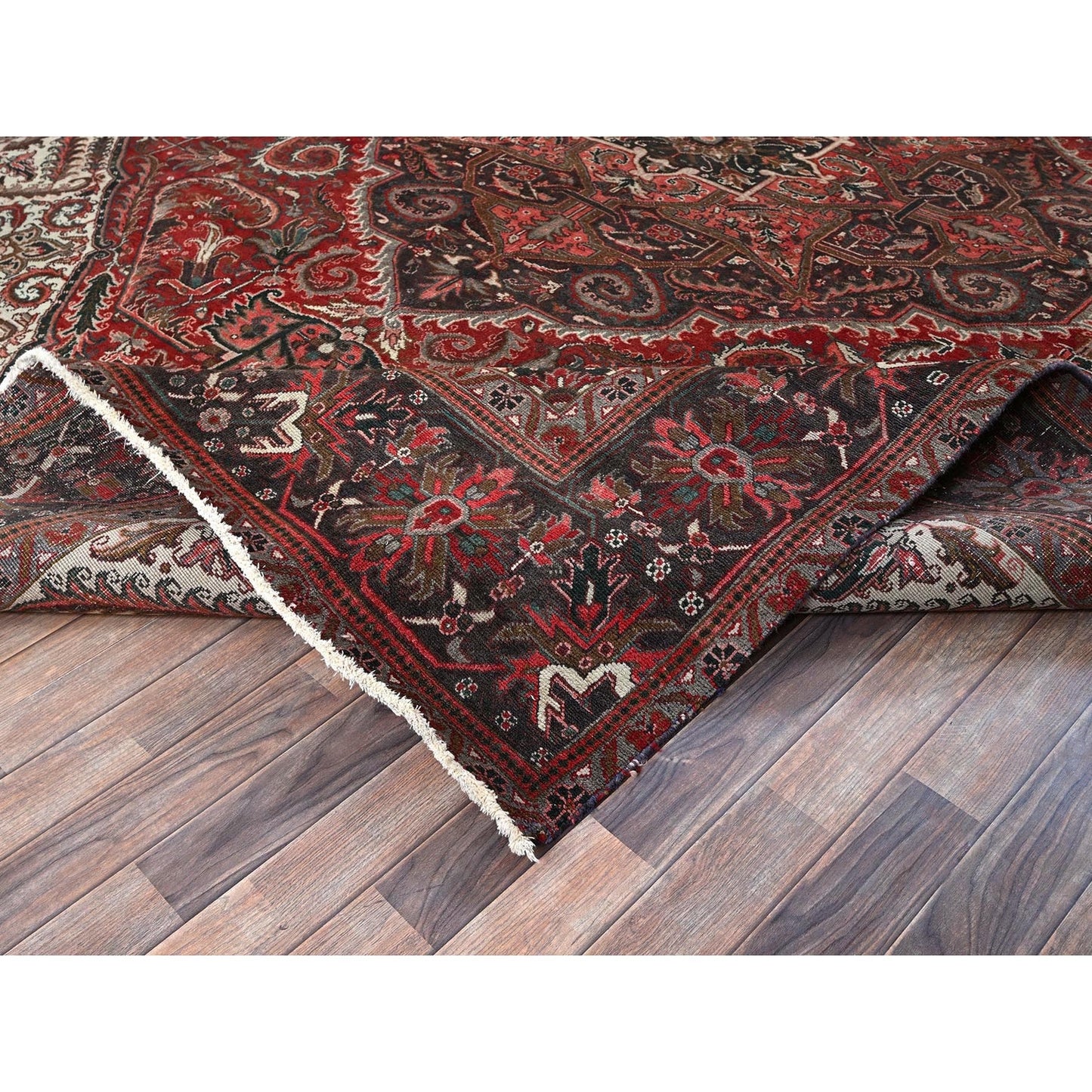 10'X12'3" Red Vintage And Worn Zoroastrian Heris Hand Knotted All Wool Rug