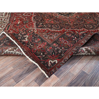 10'X12'3" Red Vintage And Worn Zoroastrian Heris Hand Knotted All Wool Rug