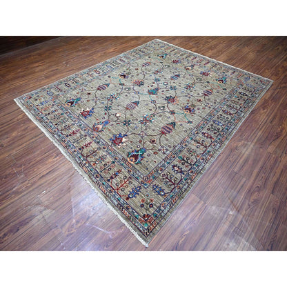 7'9"X9'6" Carbon Gray Hand Knotted Sultani Pomegranate Design Wool Rug