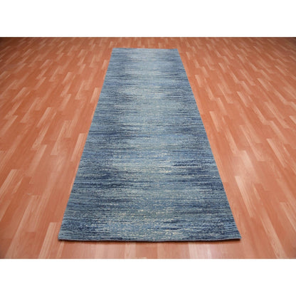 4'1"X12'2"Blue Ivory Hand Knotted Wool Horizontal Ombre Design Runner Rug