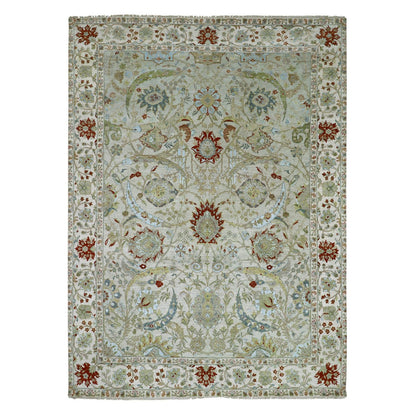 9'1"X12'3" Pelican Gray Sickle Leaf Design Hand Knotted Pure Wool Rug