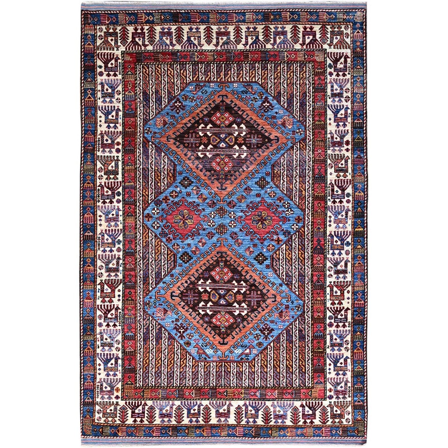 5'10"X9' Azure Blue Hand Knotted Shiny Wool Turkish Knot Striped Rug