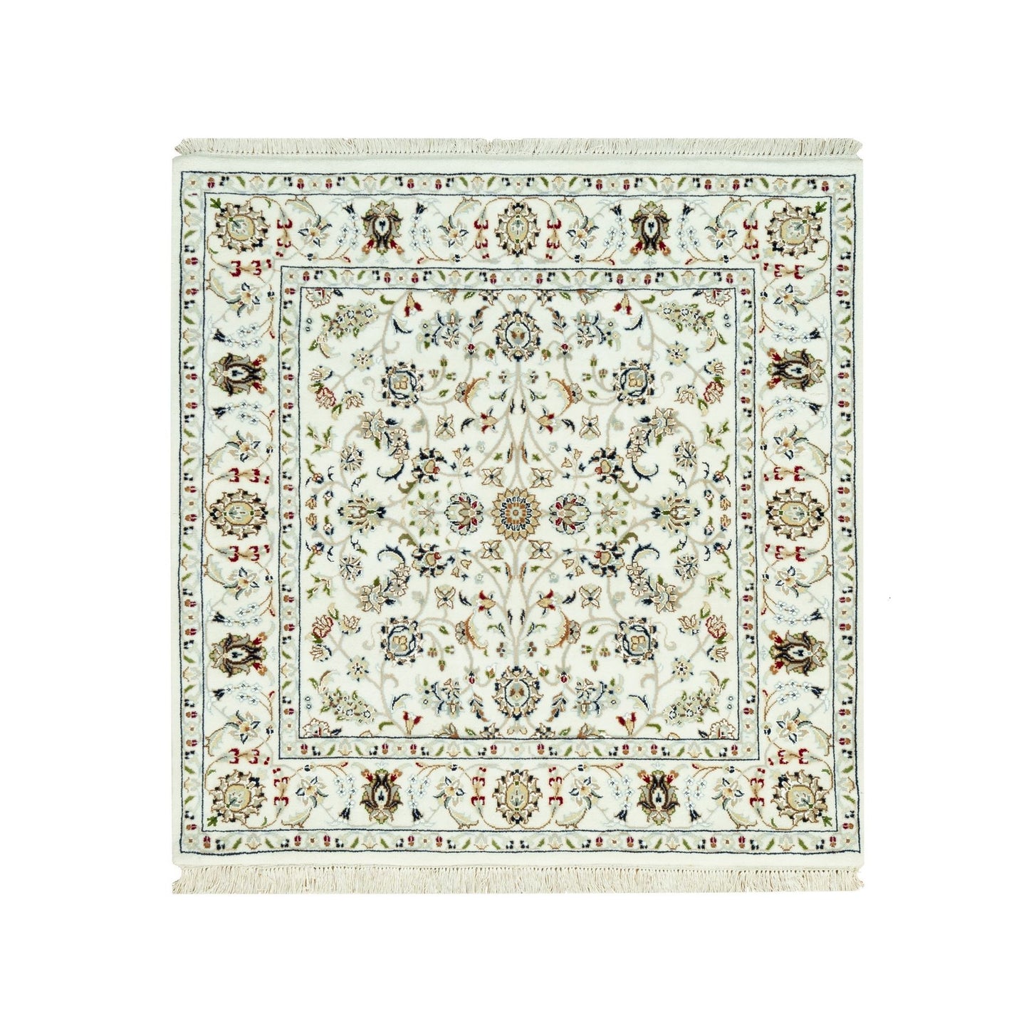 4'X4' Weathered White All Over Flower Design Hand Knotted Wool Square Rug