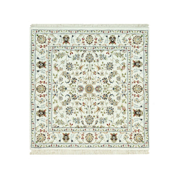4'X4' Weathered White All Over Flower Design Hand Knotted Wool Square Rug