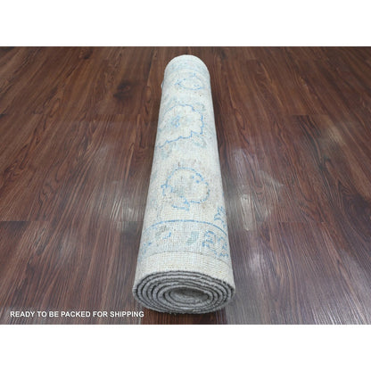2'6"X7'10" White Hand Knotted Washed Out Peshawar 100% Wool Runner Rug
