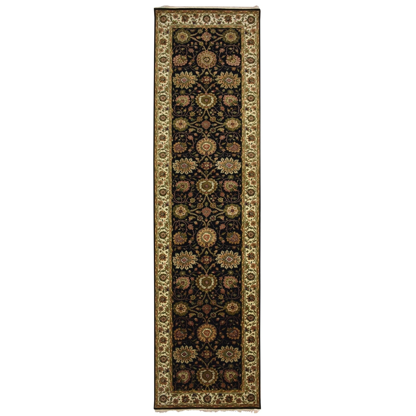 4'X15'9" Black Rajasthan Leaf Design Hand Knotted Wool & Silk Runner Rug